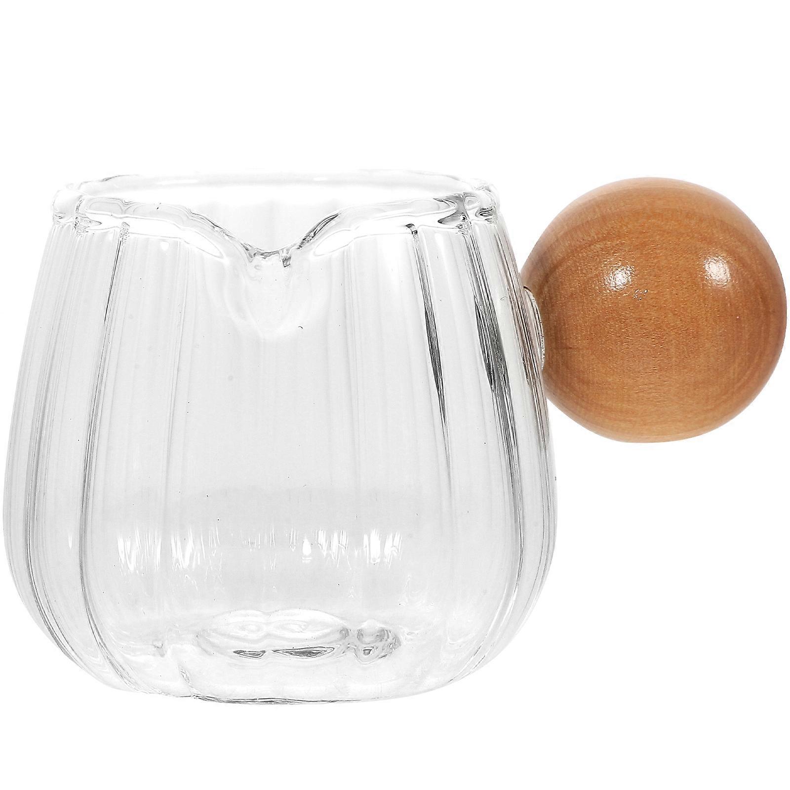 Clear Glass Creamer Pitcher with Wooden Handle for Coffee, Milk, or Sauce – Elegant, Multi Use Milk Frothing Dispenser for Home Use