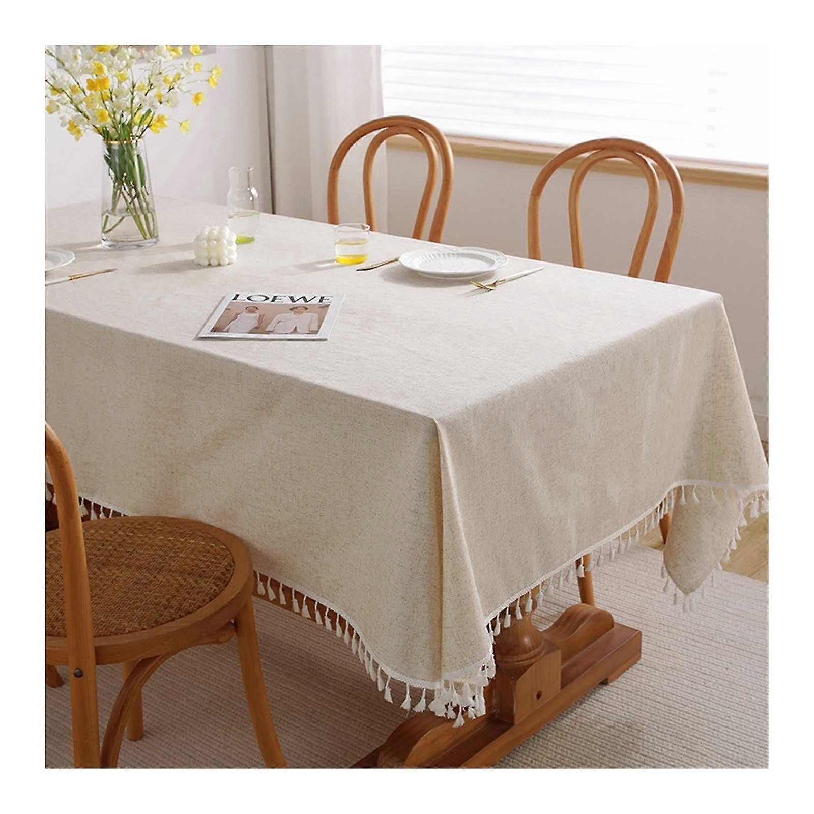 Beige Table Linen, Solid Color Fringe Tablecloth Cotton Linen, Tablecloth Standing Table Centerpiece for All Seasons, 140x300CM