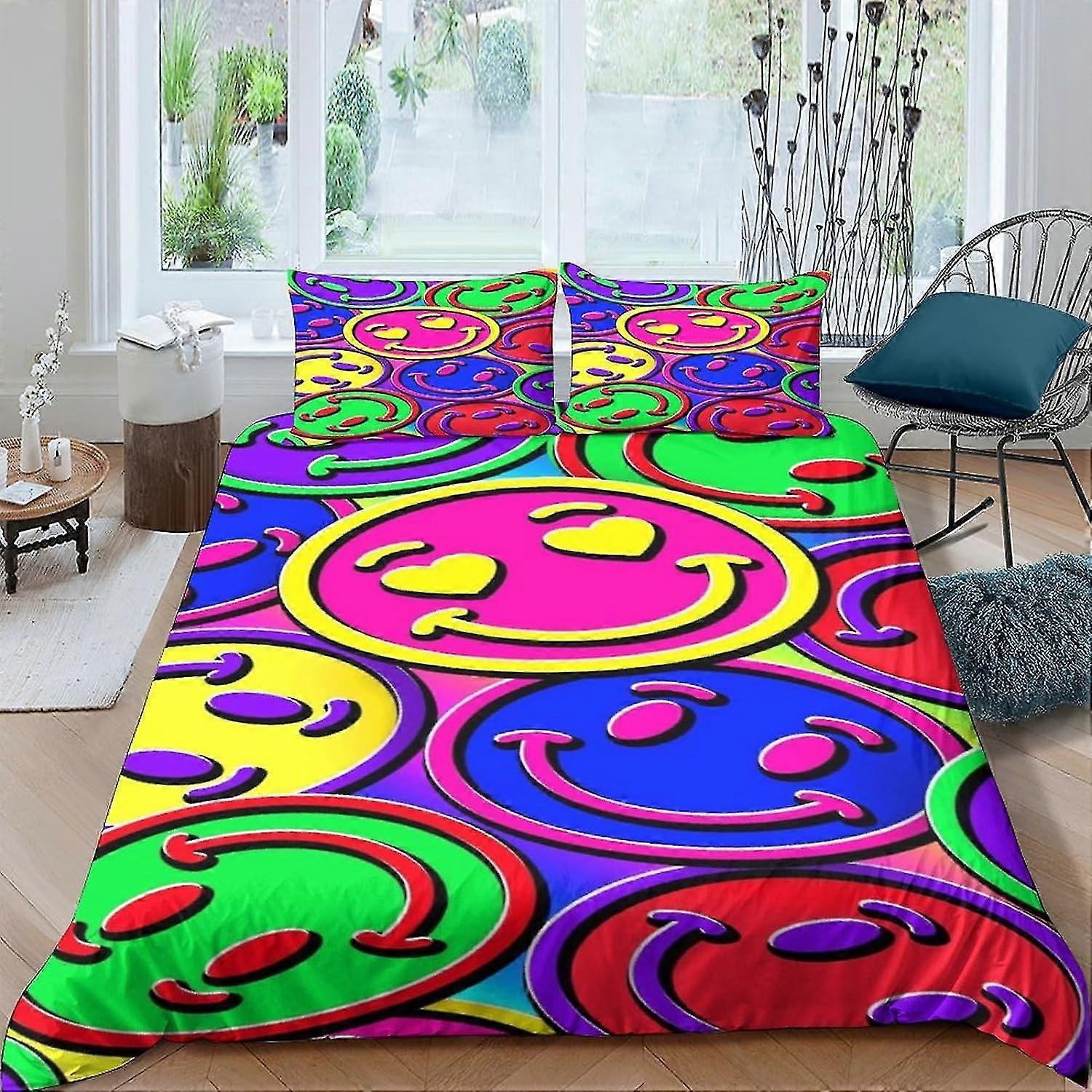 Smiley Face Bedding Duvet Cover Color Printed Quilt Cover for Kids Teens Bedding Set with Pillowcases King