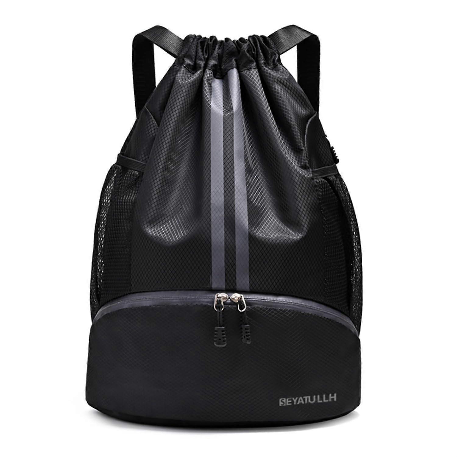 Drawstring Sports Backpack Swim Bag with Wet Bag for Football and Basketball, Black Lightweight Durable Design