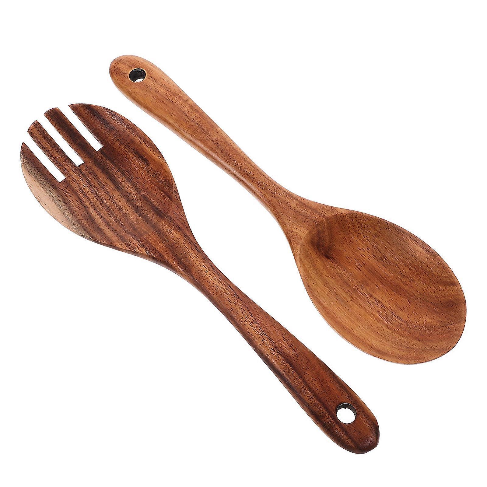 1 Set Wooden Fork and Spoon Portable Kitchen Utensils Salad Serving Set Dessert Spoon Dinnerware for Dining and Party