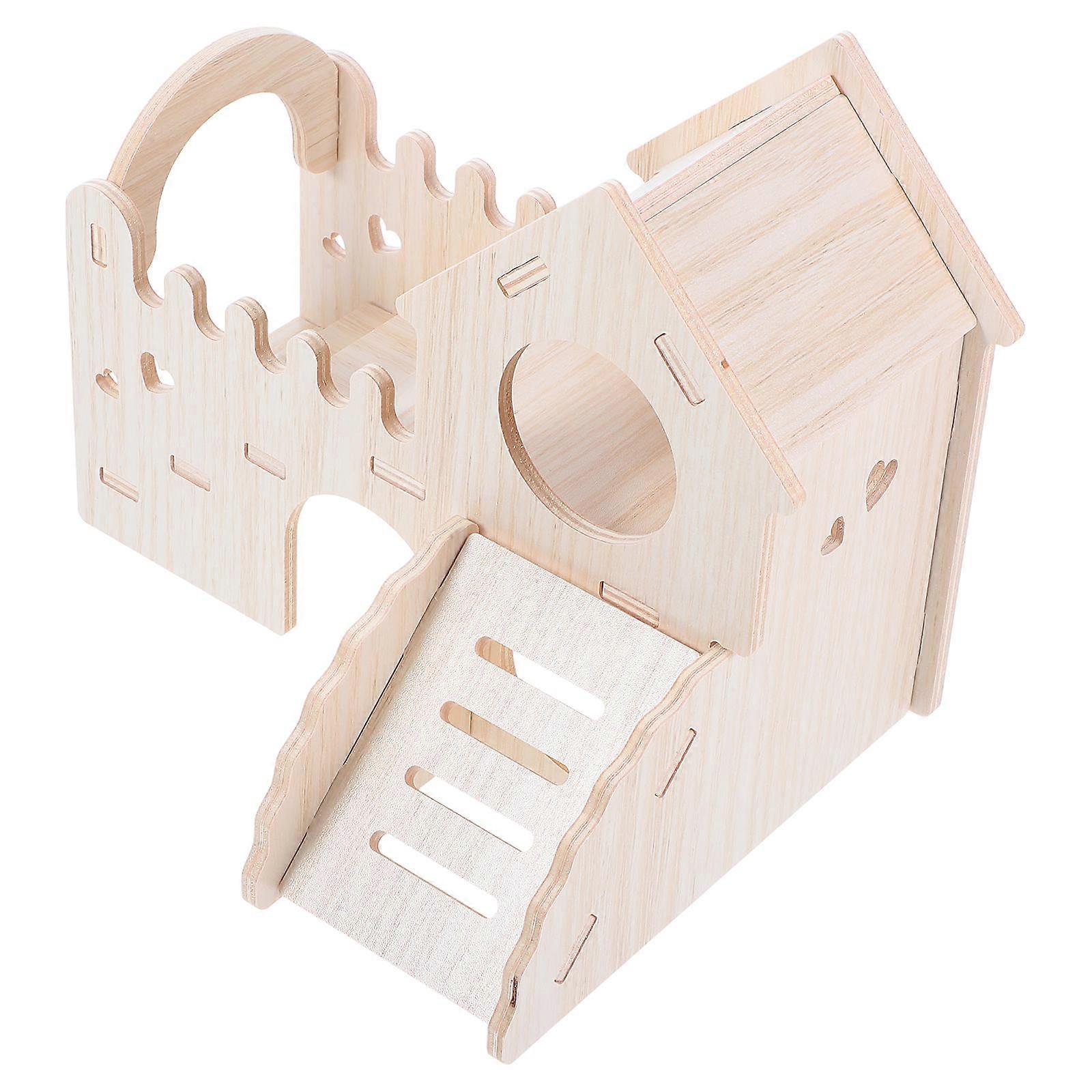 Wood Hamster House with Maze and Slide for Small Pets Khaki Double Layer Design with Transparent Window