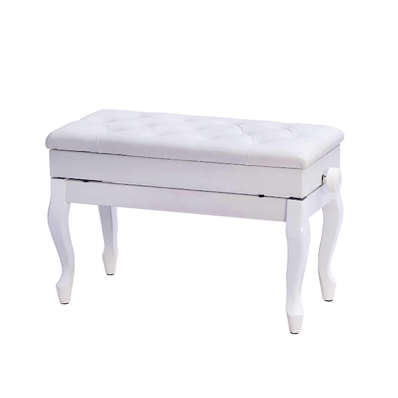 Heightadjustable wooden piano bench, upholstered with elastic foam and featuring a storage compartment (white).