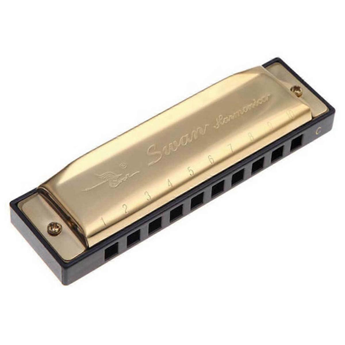 2X Swan Harmonica 10 Holes Key of C GOLDEN with Case Blues Harp Metal Steel