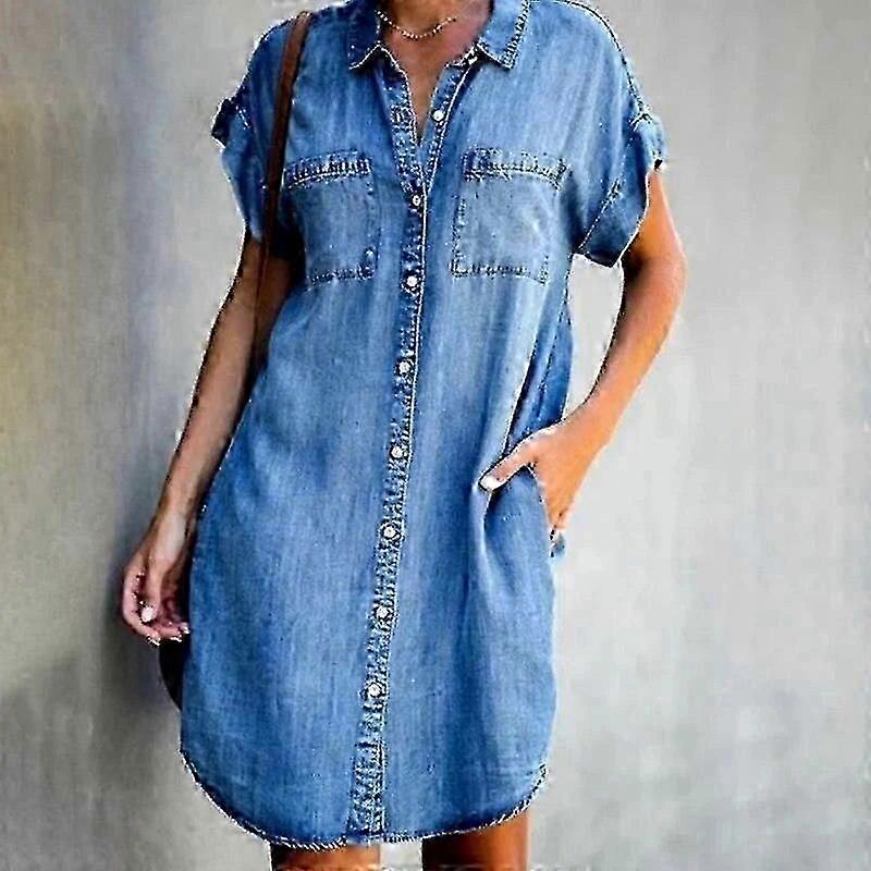 Women's Loose Fit Denim Dress Short Sleeve A Line V Neck Shirt Dress Summer  | Fruugo UK