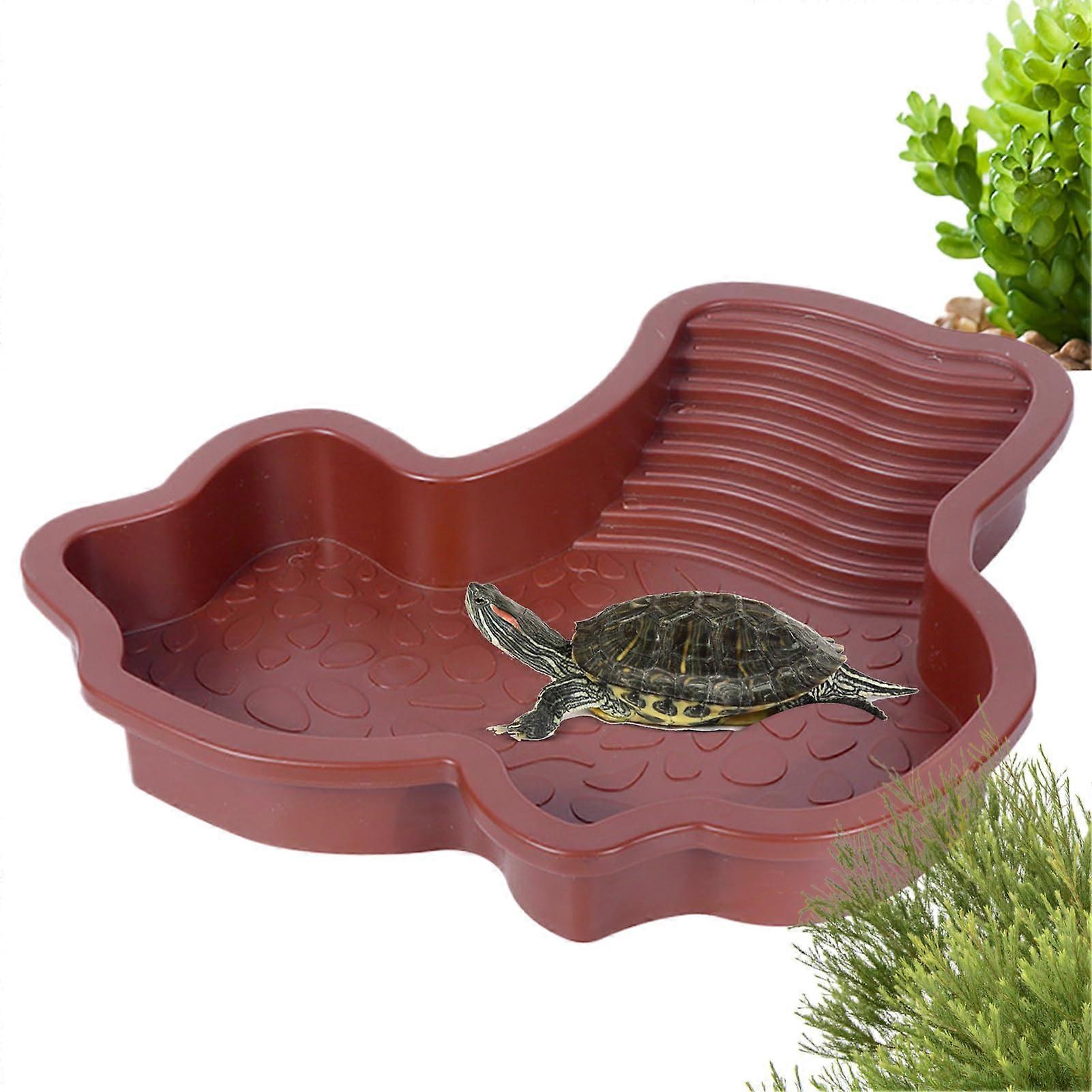 Reptile Bathing Pool for Tortoises and Frogs -  Ramp Design Basking Terrace Water Bowl in Red Brown, Ideal for Lizards and Snakes