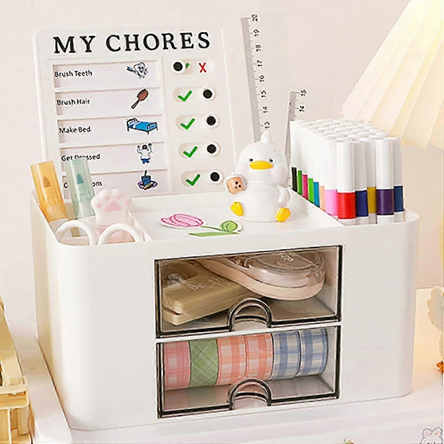 Desk Organizer with 2 Multi-Function Drawer Organizer with 4 Plastic Compartments Stationery Storage Organizer for Stationery, Makeup Tools White,19.5