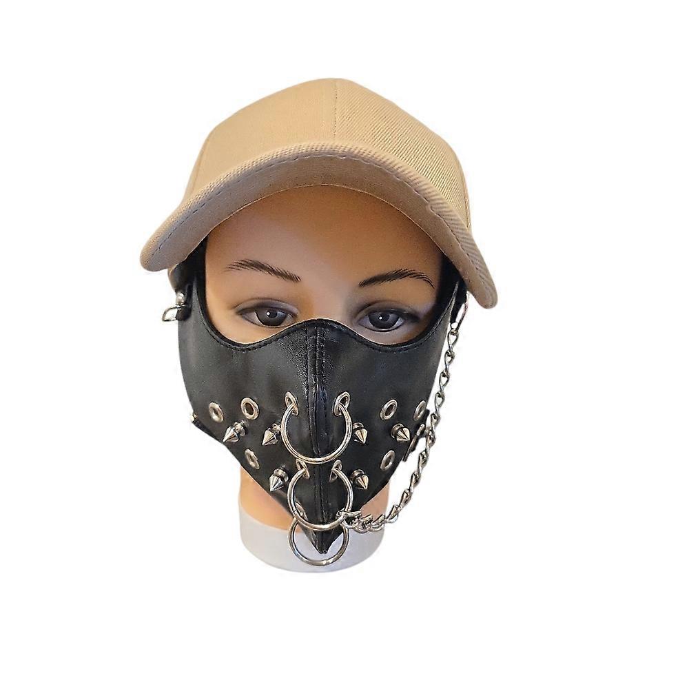 Black faux leather face mask with O-rings, chain & spikes
