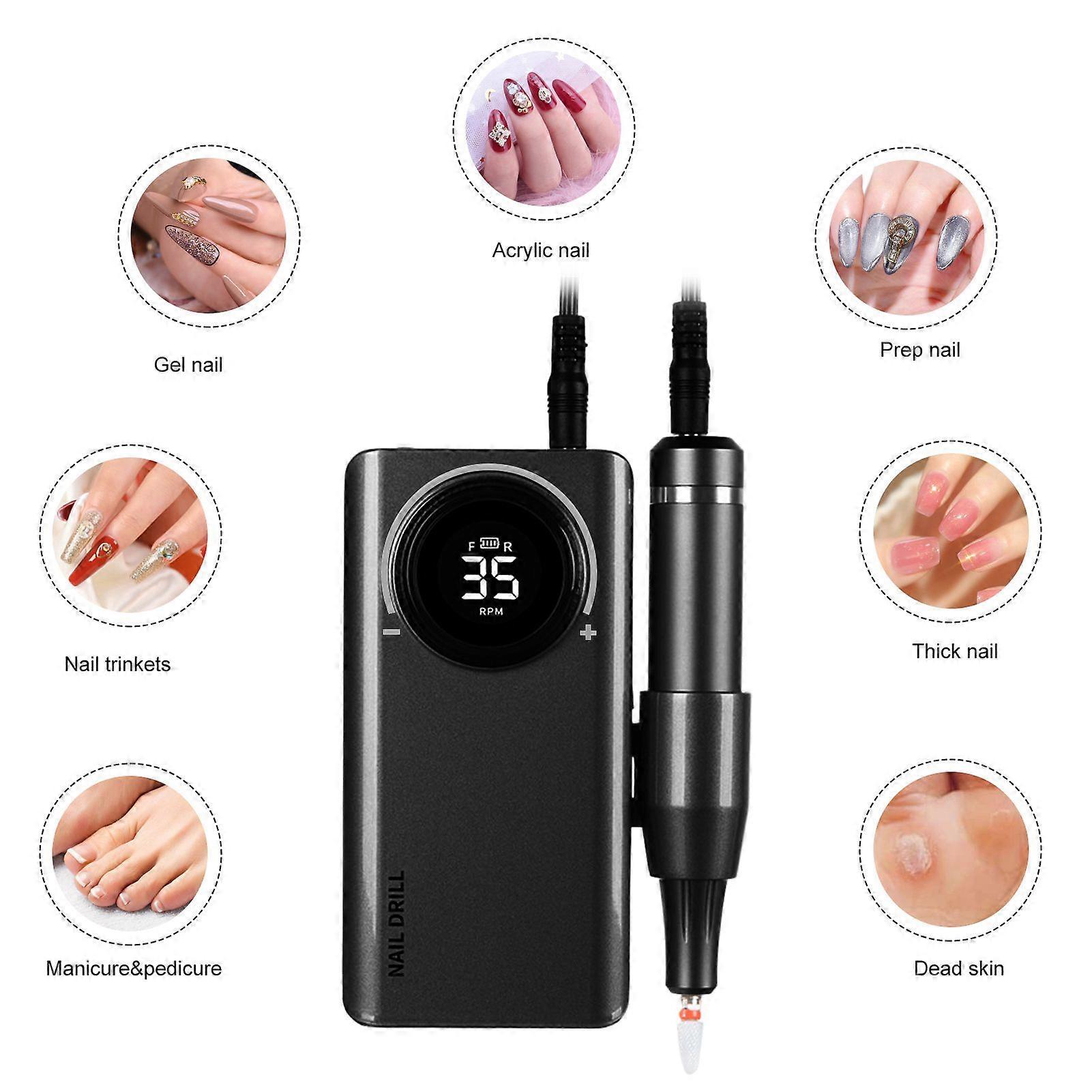 Portable Nail Drill Machine 35000 RPM Rotation Rate Adjustable Electric Nail Manicure Tool Set with Replaceable Grinding Heads