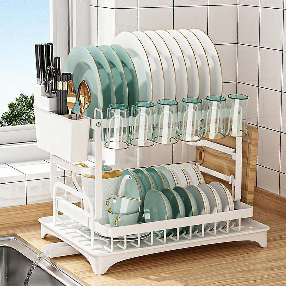 Dish Drainer Rack 2Tier Drainer With Drip Tray, Cup Holder, Utensil And Cutting Board Holders, White