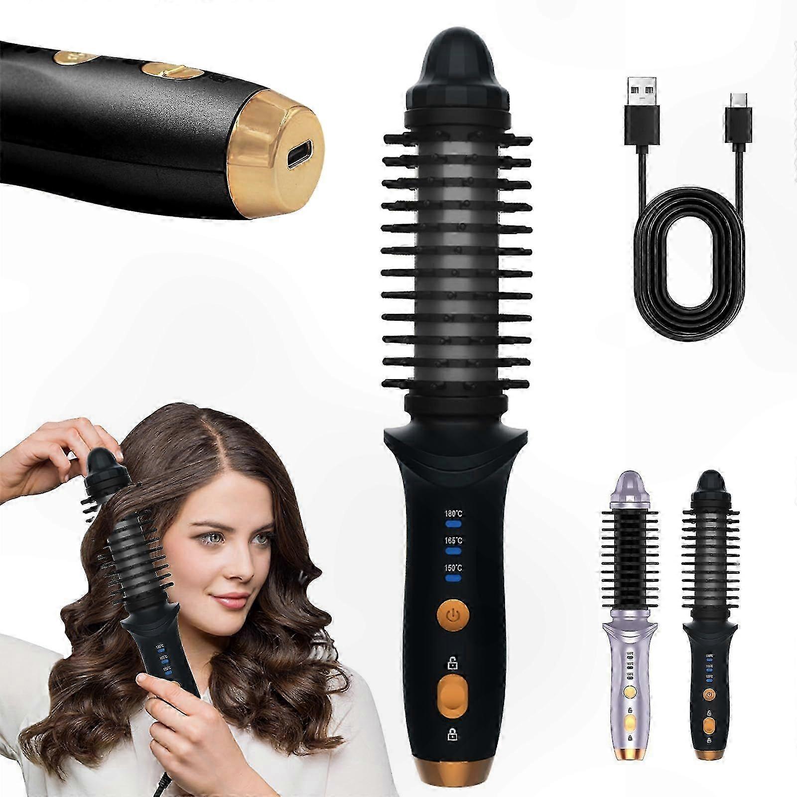 Compact Cordless Hot Brush for Short Hair - Portable Heated Round Styling Tool with Curling Feature for Women