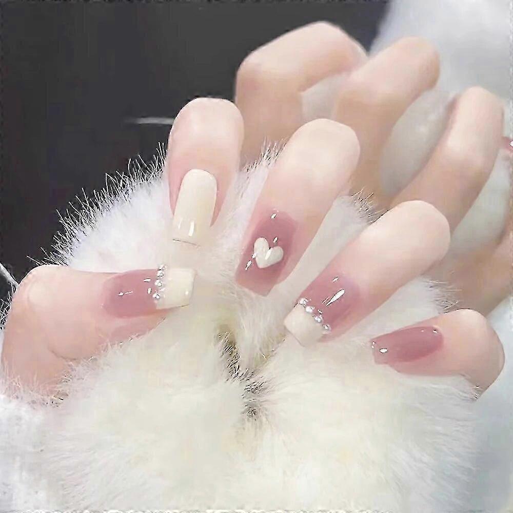 Y2K 24Pcs Glossy Medium Square Press On Nails Pink French Style Fake Nails With Rhinestone Shiny Artificial Reusable For Girl 26s
