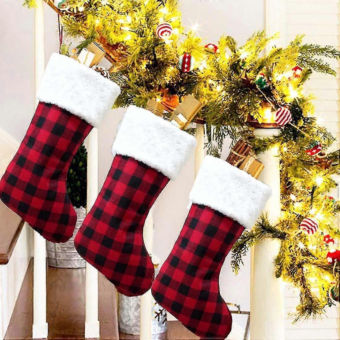 Christmas Stockings 3 Pcs 16.5" With Plush Cuff (buffalo Plaid)