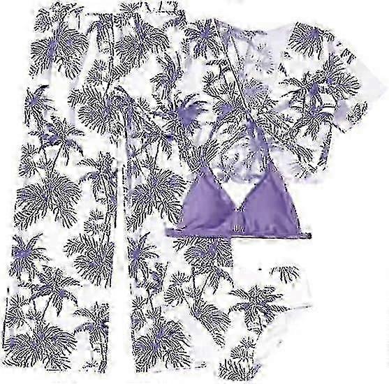 طقم ملابس السباحة المكونة من 4 قطع للبنات: بيكيني الرسن وملابس السباحة بطبعة استوائية