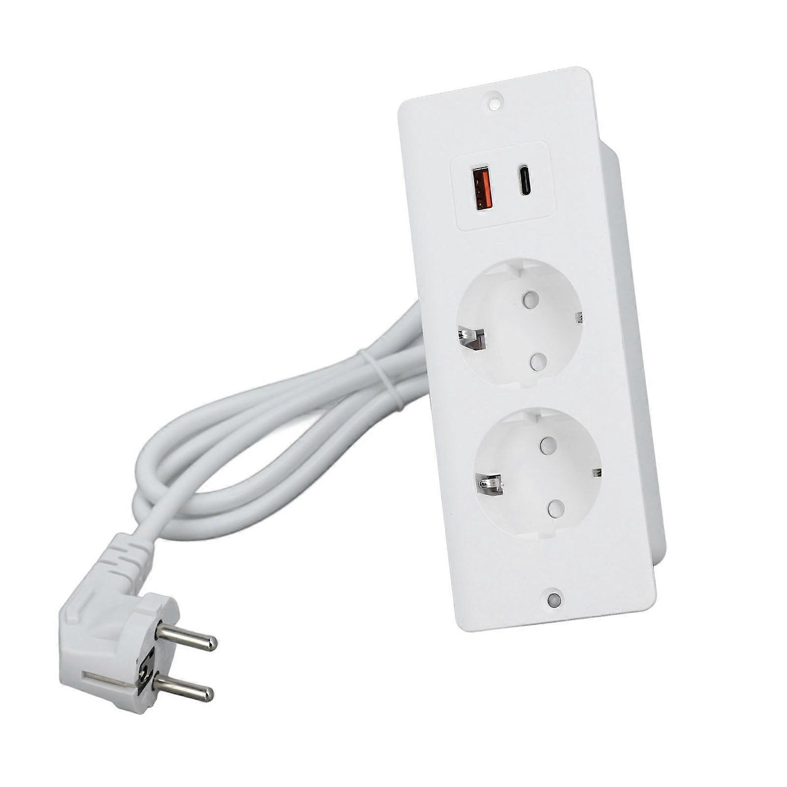 Recessed Socket 2 Outlets with PD20W USB C USB A Port Embedded Furniture Power Strip 1.5m Cord