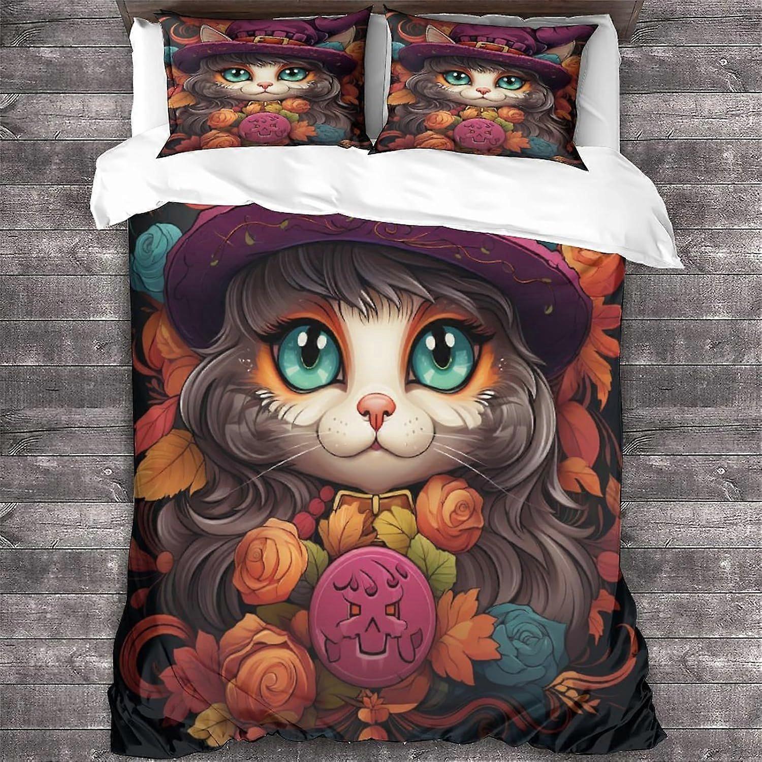 Capa de colcha de edredom para gatos e fronhas 3D Halloween Design Pattern Lightweight Microfiber Animal Bedding Set