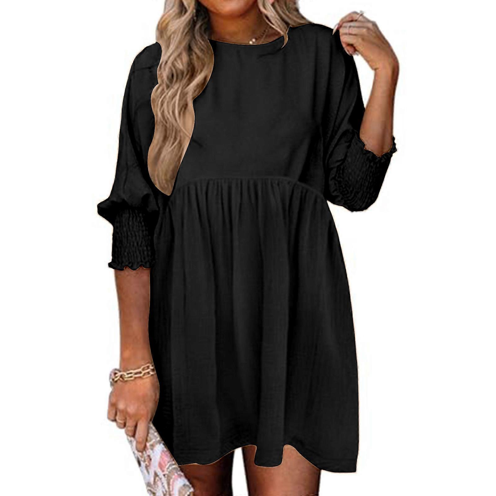 Womens Fall Dresses Casual Tunic Dress Short Sleeve Crew Neck Flowy  Babydoll Dress Black XXL