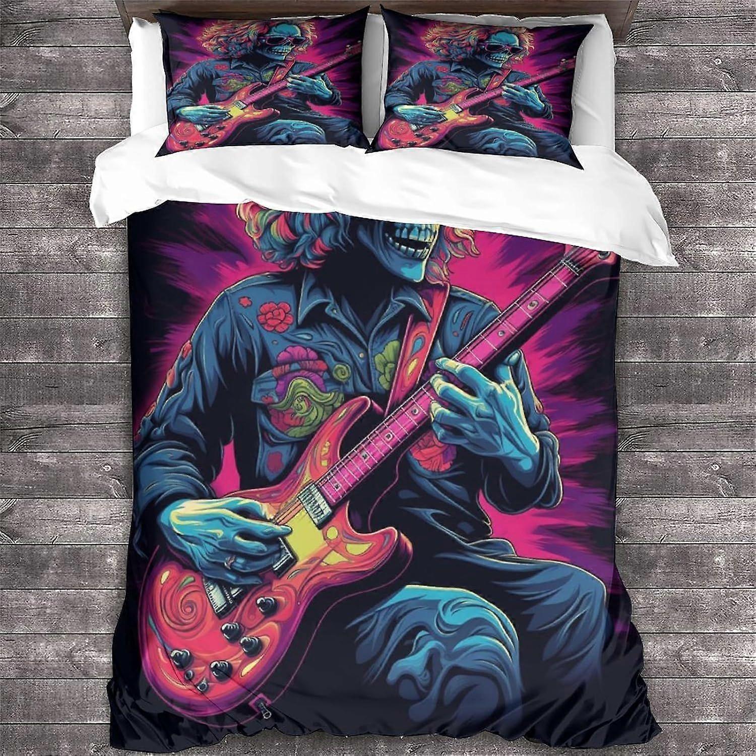 مجموعة مفروشات الروك أند رول غطاء لحاف الجمجمة غطاء لحاف الغيتار المعدني الثقيل سحاب ناعم مع غطاء وسادة كينج