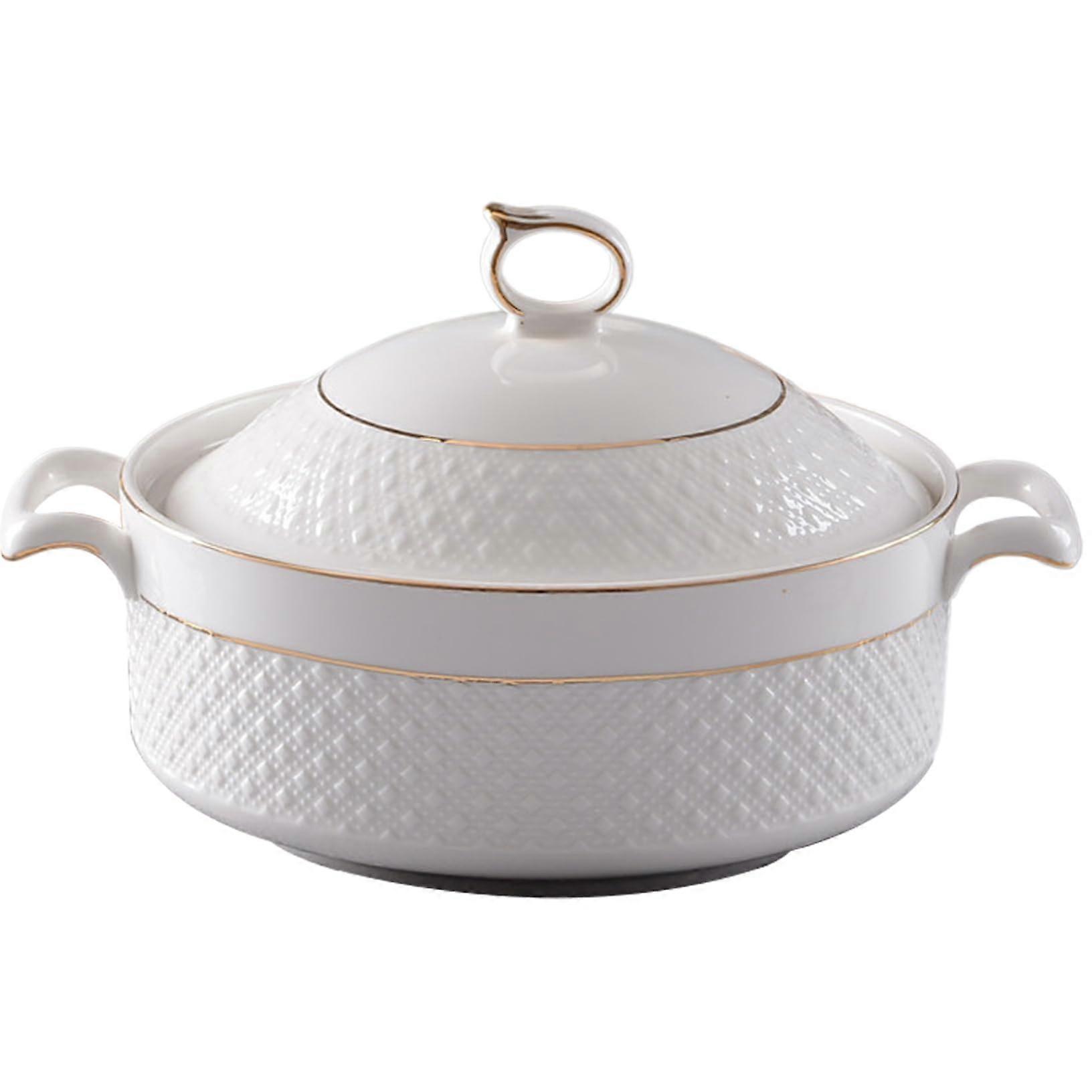 White Ceramic Soup Tureen with Lid and Ladle, 1.5L Double Handle Serving Bowl with Gold Trim