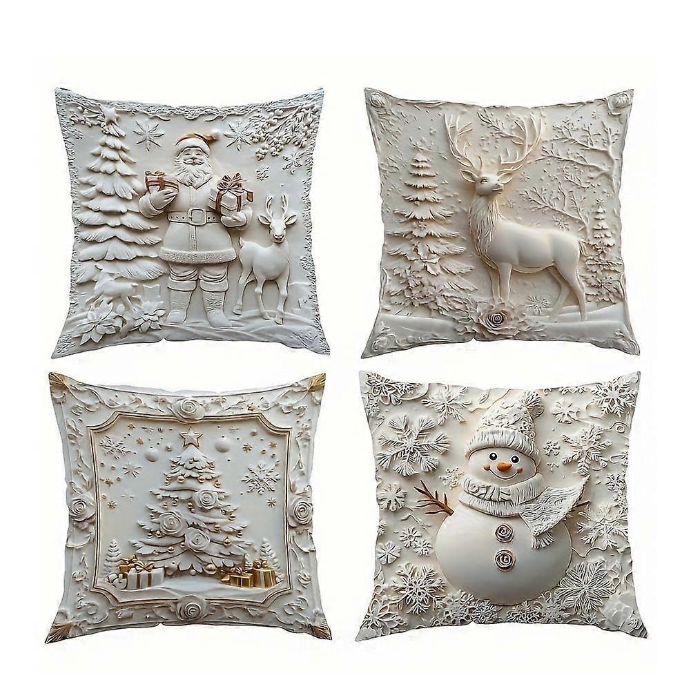 Christmas Pillow Covers 18x18 Set of 4 with Festive 3D Prints Soft Durable Polyester Hidden Zipper