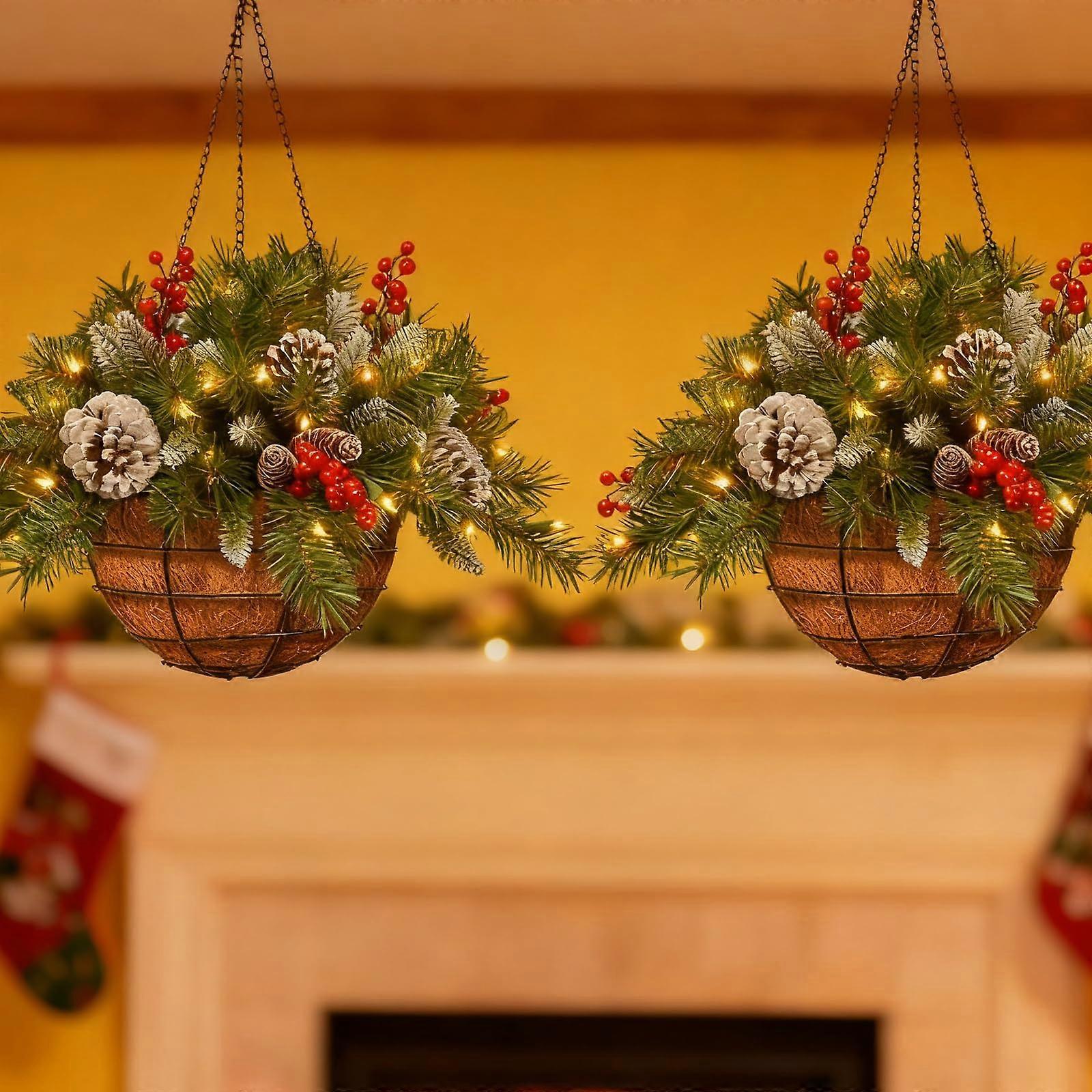 PreLit Artificial Christmas Hanging Basket with Warm LED Lights, Weather Resistant Holiday Decor 2 Pack