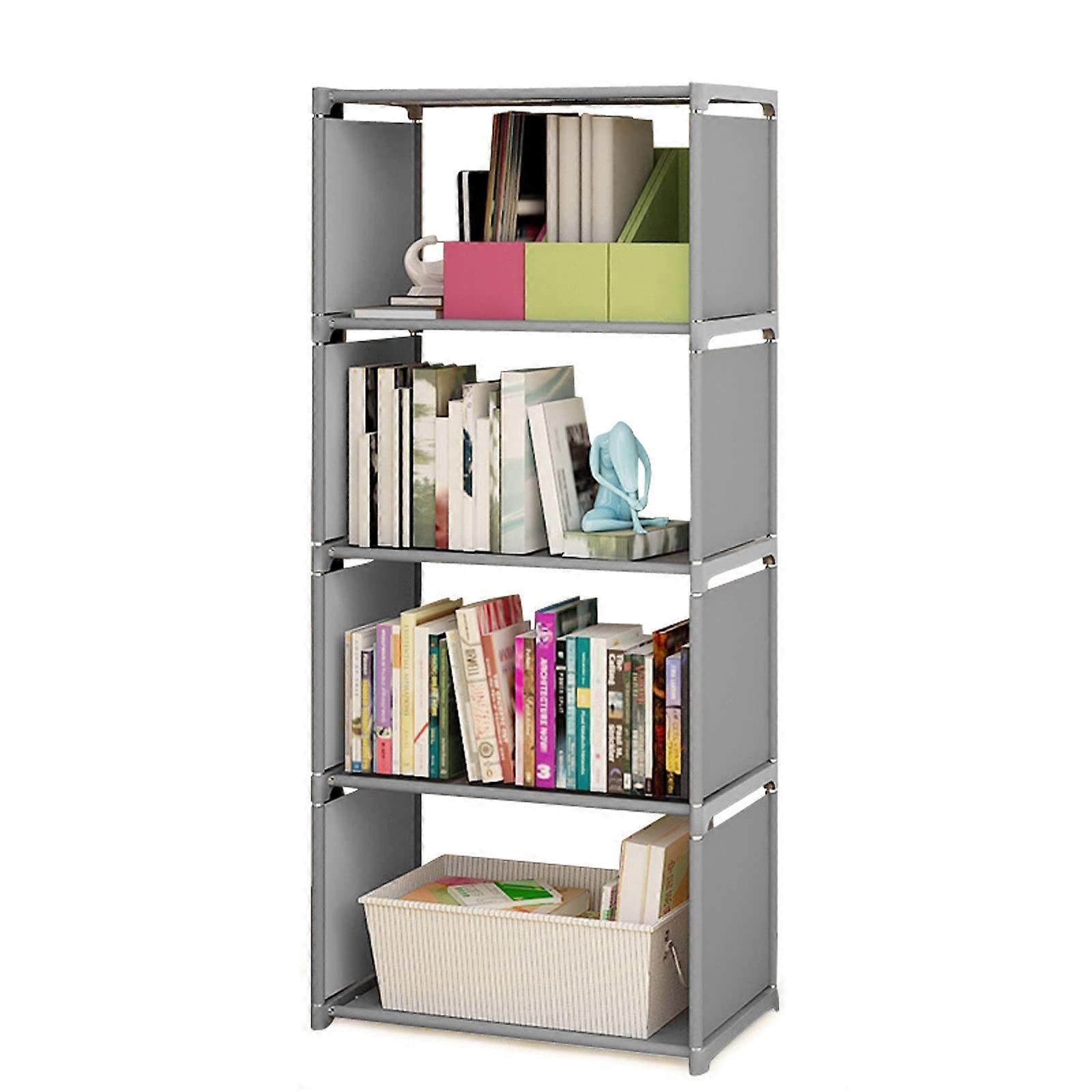 4 Tier Grey Bookshelf with HeavyDuty Stability, Modern Open Storage Bookcase for Living Room or Home Office