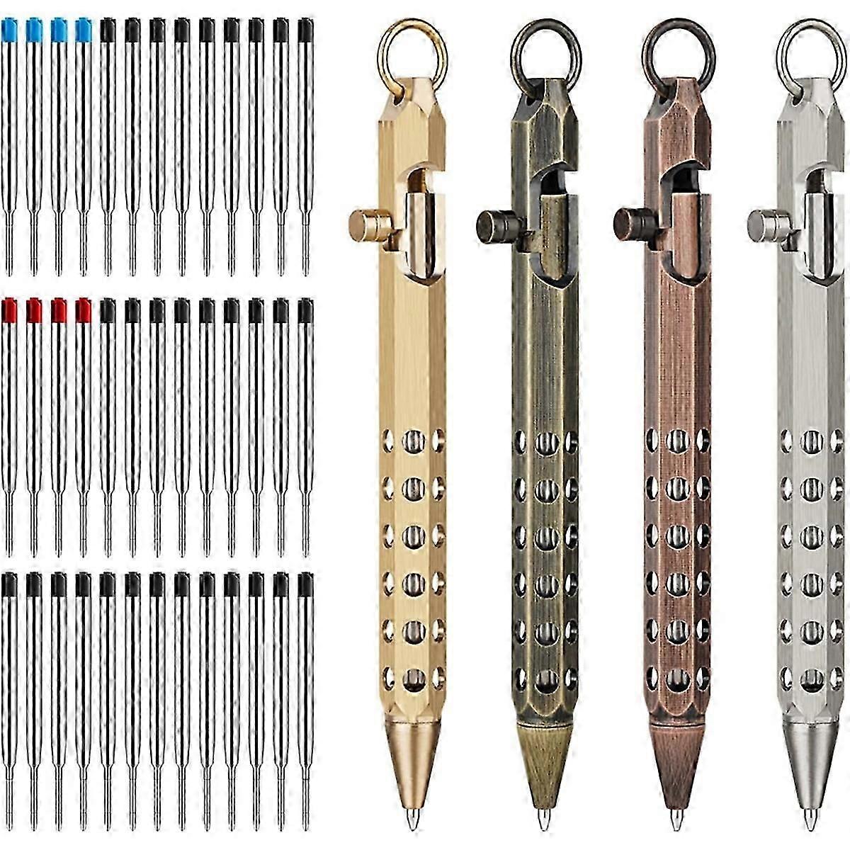 4Pack Bolt Action Pen Set, Hexagonal Solid Brass Pocket Pen with 40 Ballpoint Refills