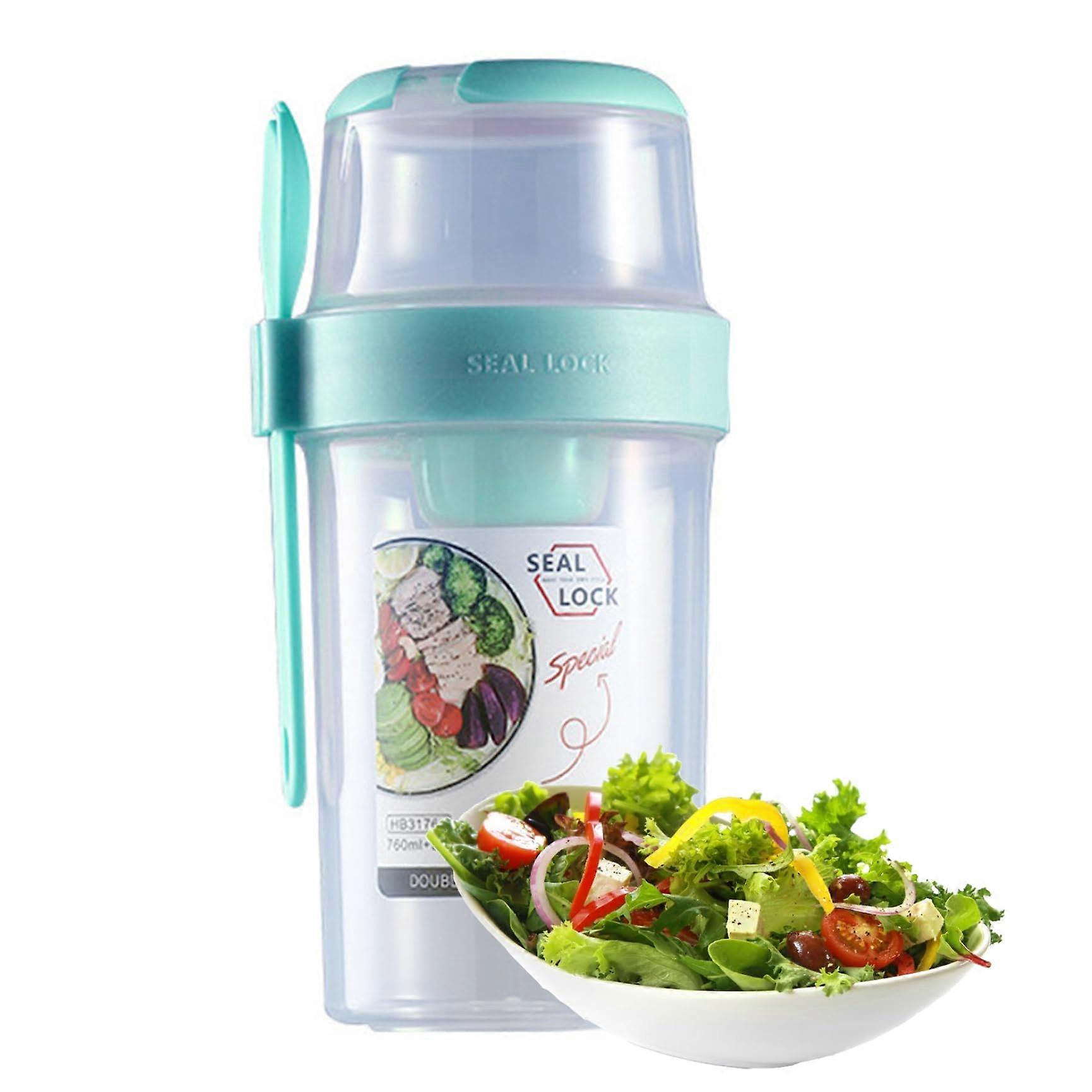 Salad Shaker Cup with Dressing Holder, Leakproof Double Layer Salad Container with Fork, Cyan
