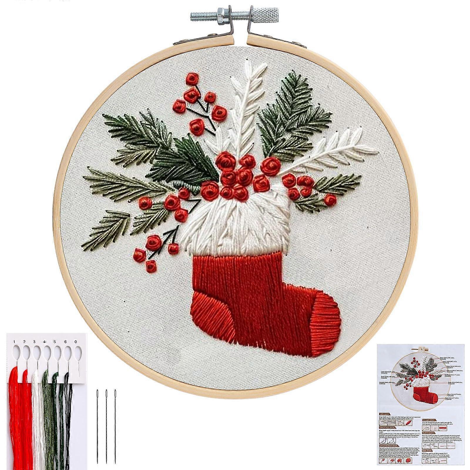 Christmas Embroidery Kit for Beginners with Hoop Needles Threads, DIY Needlepoint Gift Set