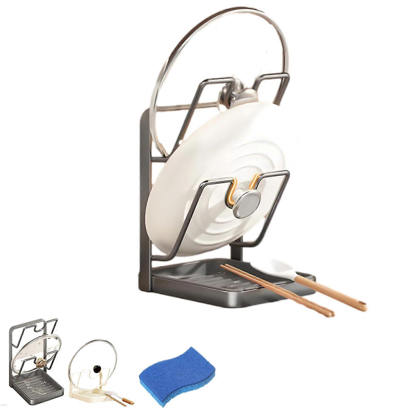 Pot Lid Organizer with UShaped Holder, RustResistant Rack and Drip Tray, Gray DoubleLayer