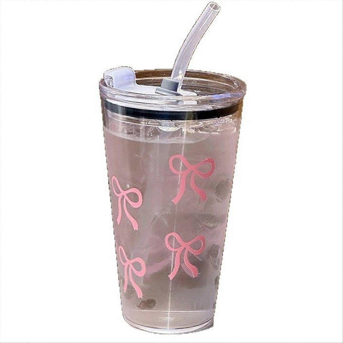 copo plástico cor-de-rosa 450ml copo transparente com palha e tampa