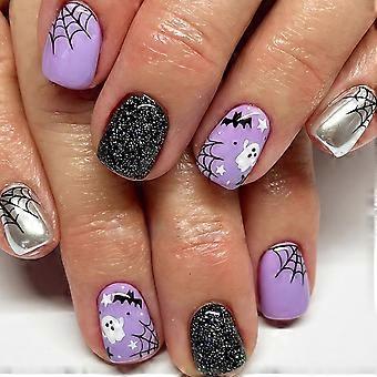 Halloween Press on Nails Purple Black Silver Ghost Spider Web Bat Design 24Pcs Reusable Set