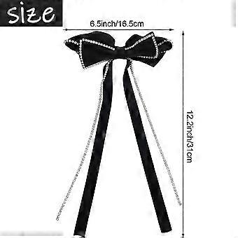 2 PACK Hair Bows Sparkly Rhinestone Tassel Hair Clips Barrettes Black Bowknot with Long Brocade Tassel Ribbon Claw Hair Accessories for Women and Girl