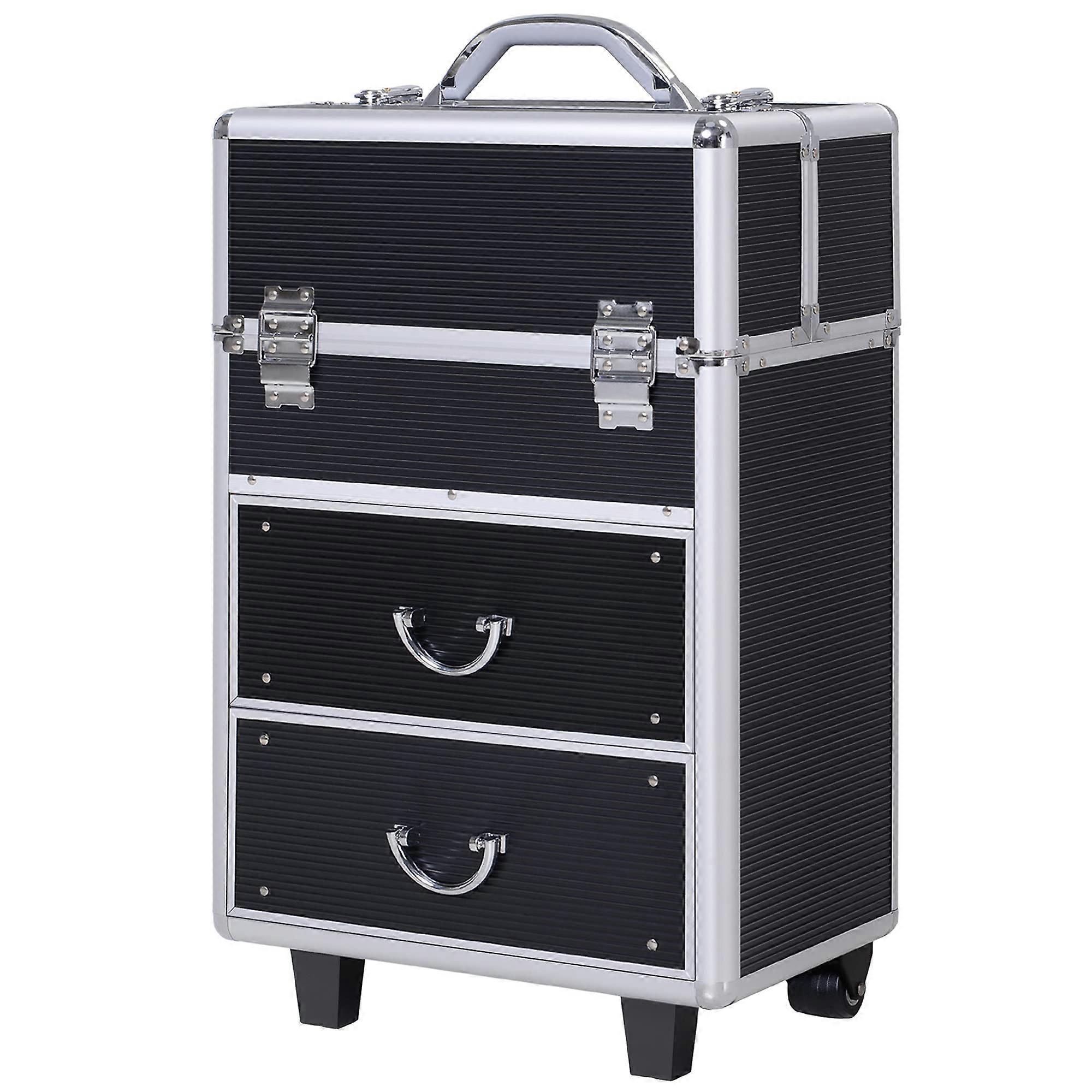 Makeup Train Case with Large Expandable Storage and Lockable Rolling Trolley, Easy Travel, Black