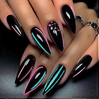 Gothic Black Press-On Nails: Medium Almond, Punk Style, Complete Kit with Glue