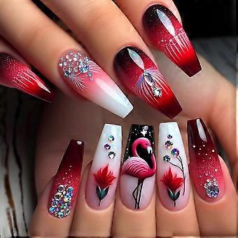 Long Coffin Press On Nails Red Ombre with Tropical Flamingo and Rhinestones, 24pcs Acrylic Set