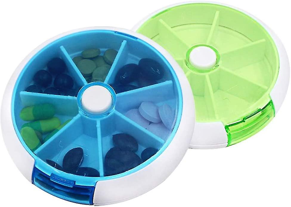 2pcs Pill Box, Portable Automatic Rotary Round 7 Days Pill Cases Tray Medicine Box Holder Green And Blue