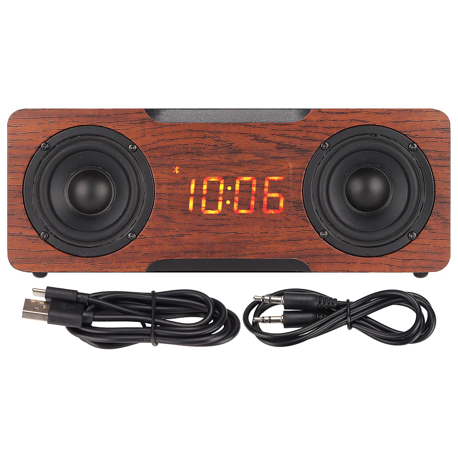 Wireless Wooden Speaker with Clock - Bluetooth, AUX, and Memory Card Playback in Brown Wood Finish