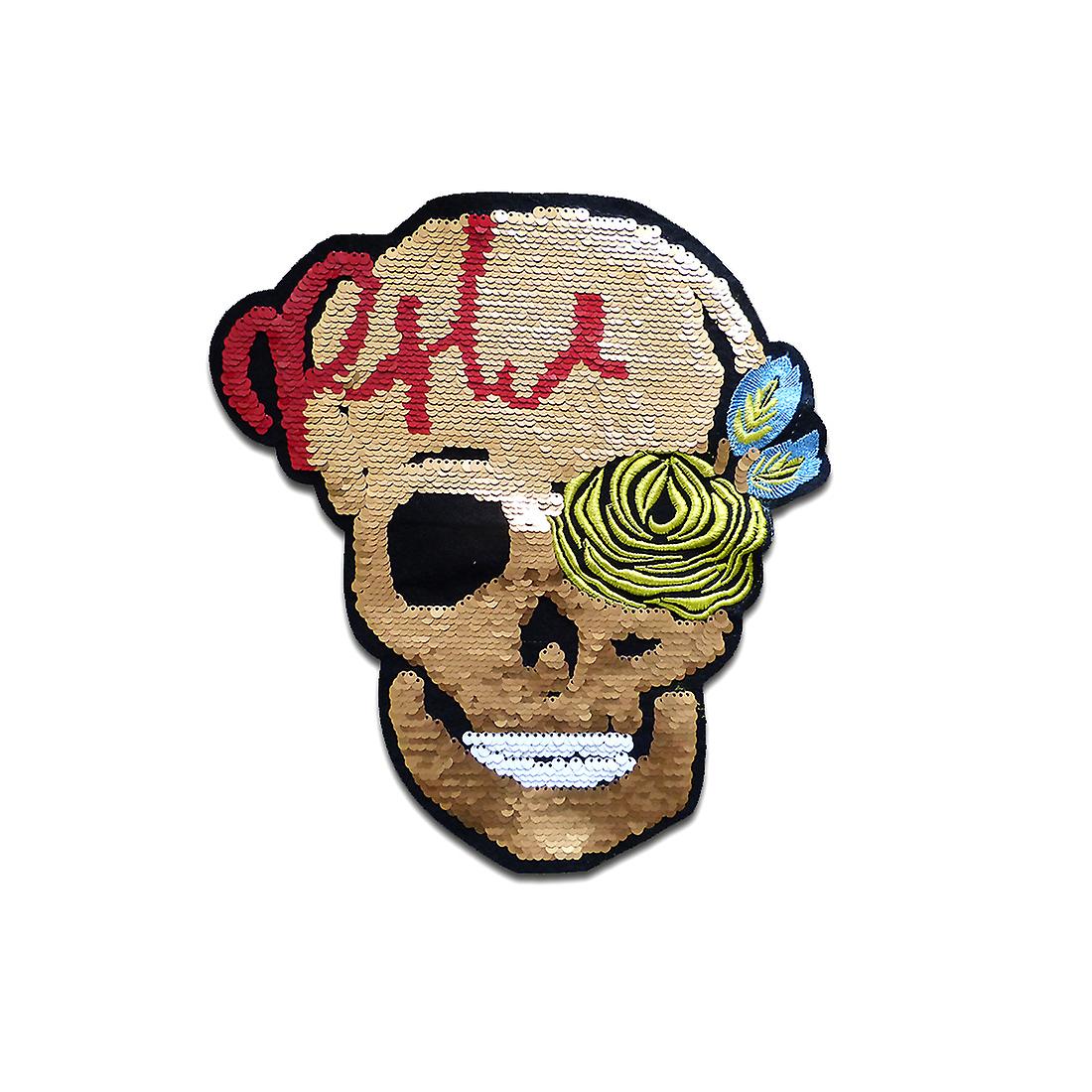 Patch - XXL Skull Rose with reversible sequins - gold - 30,6x26,7cm - Patches