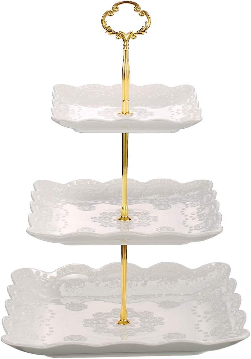 Multi-Layer Ceramic Cake Stand, Multi-Layer Serving Stand for Cakes, Square White Embossed Dessert Stand, Serving Tray