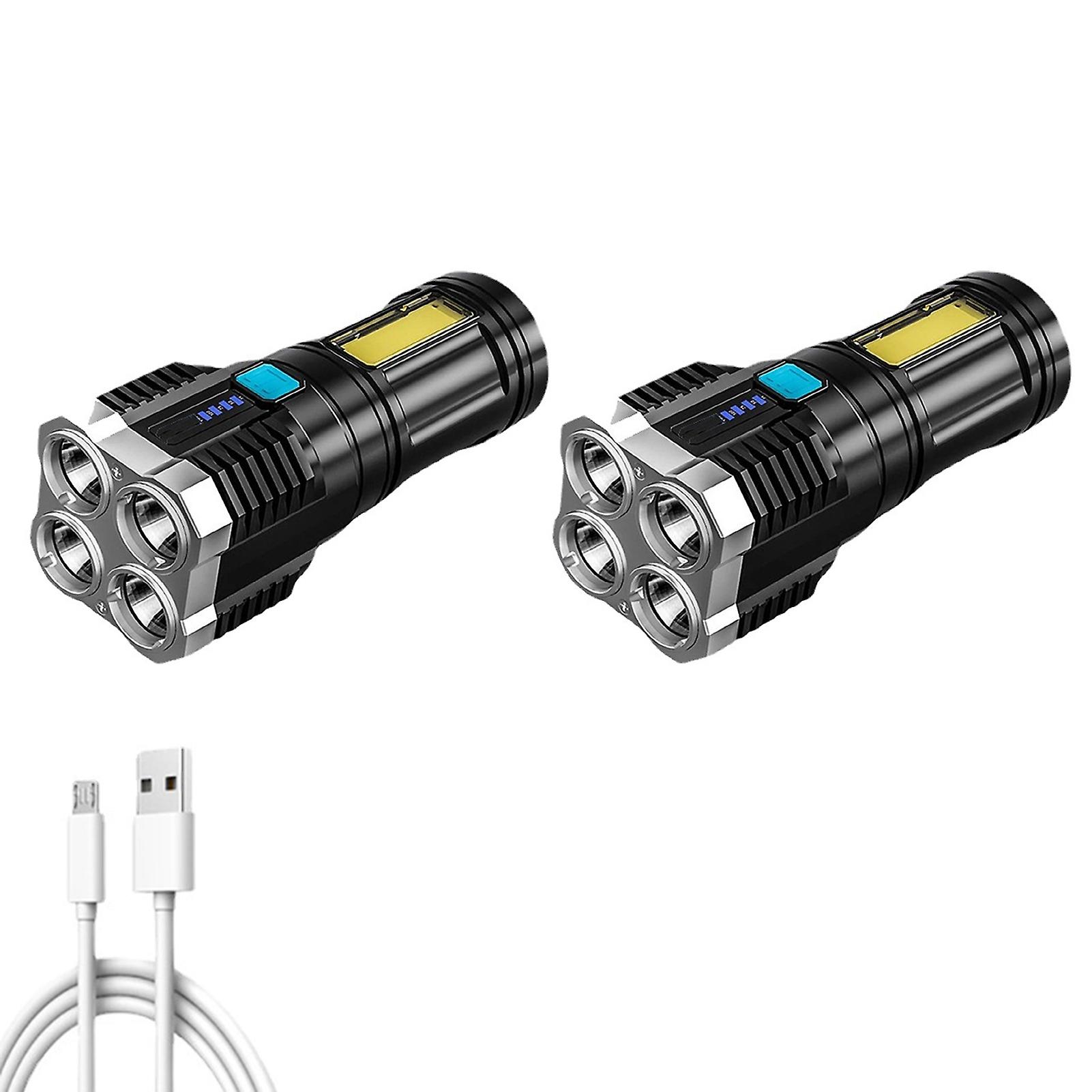 Lampe torche LED d'extérieur portable, rechargeable par USB, super lumineuse, quadruple cœur, pour la pêche, la randonnée, les urgences, 2 pièces