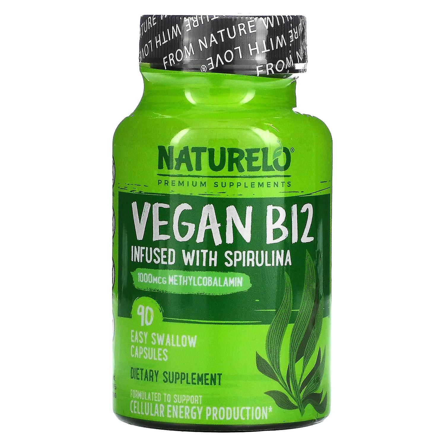 NATURELO, Vegan B12 Infused with Spirulina, 90 Easy Swallow Capsules