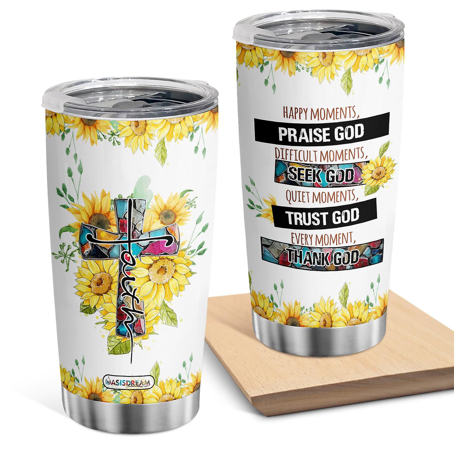 Oasisdream 20oz Stainless Steel Tumbler Cross and Sunflower Design Vacuum Insulated Cup with Lid