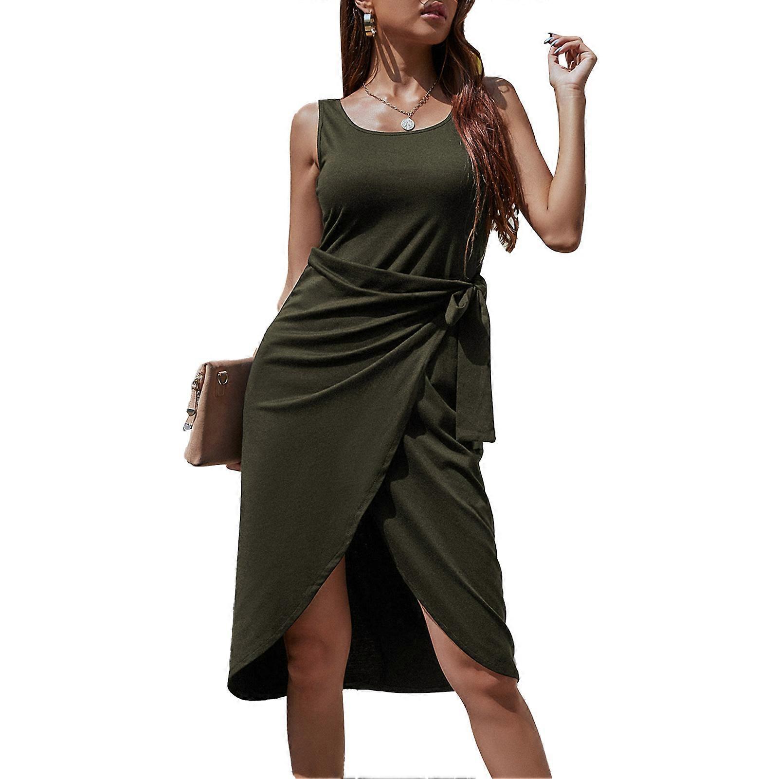 Femei Vară Rotund Fără Manșon Rochie de Soare Split Front Bodycon Midi Tank Rochie cu Curea OD Verde XL
