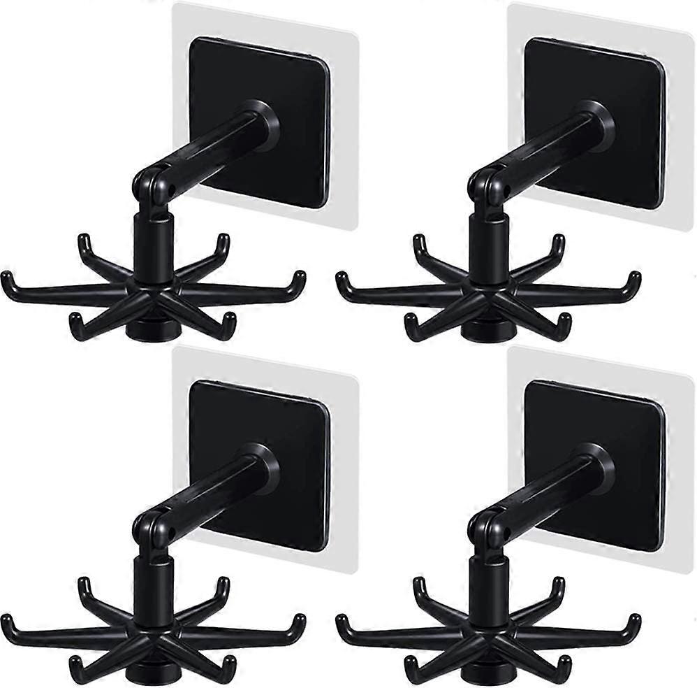 2 Pack Adhesive Hooks 360 Degree Rotating Folding Hook 6-Claw,Vertical Flip HookBlack
