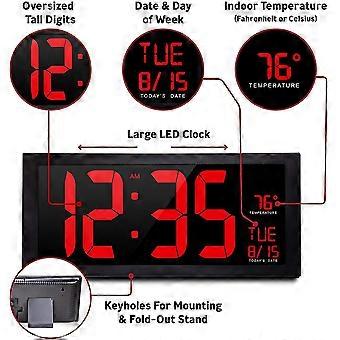 Topiky Große Digitale LED Wanduhr – Mit Temperatur, Kalender & Wecker, Perfekt Für Büro & Senioren (35,9 X 35,9 Cm)