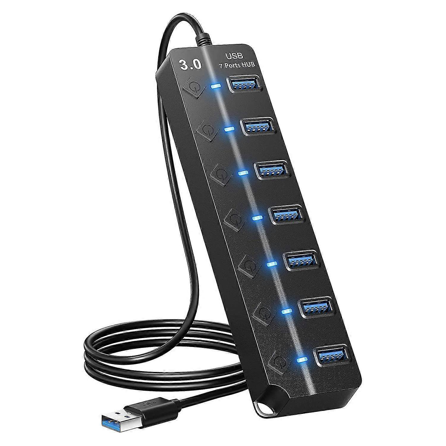7 puertos Concentrador USB Splitter Multi Hub Adaptador USB 3.0 Adaptador de puertos USB con interruptores y luces