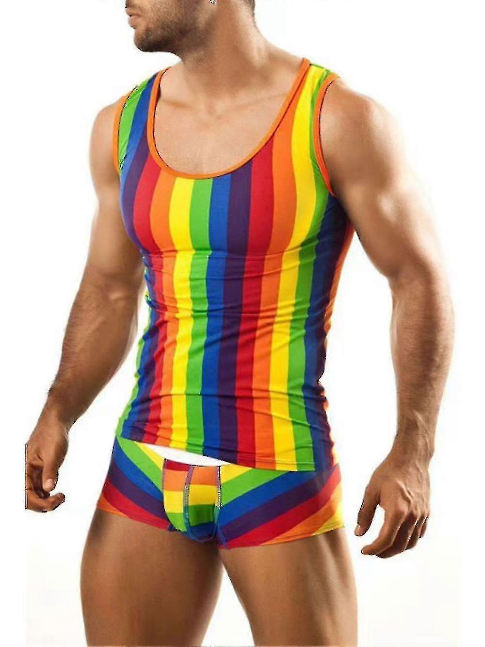 Mens Rainbow Printed Vest With Shorts Outfits Sets Nightwear_f-9 SENZHE Shop