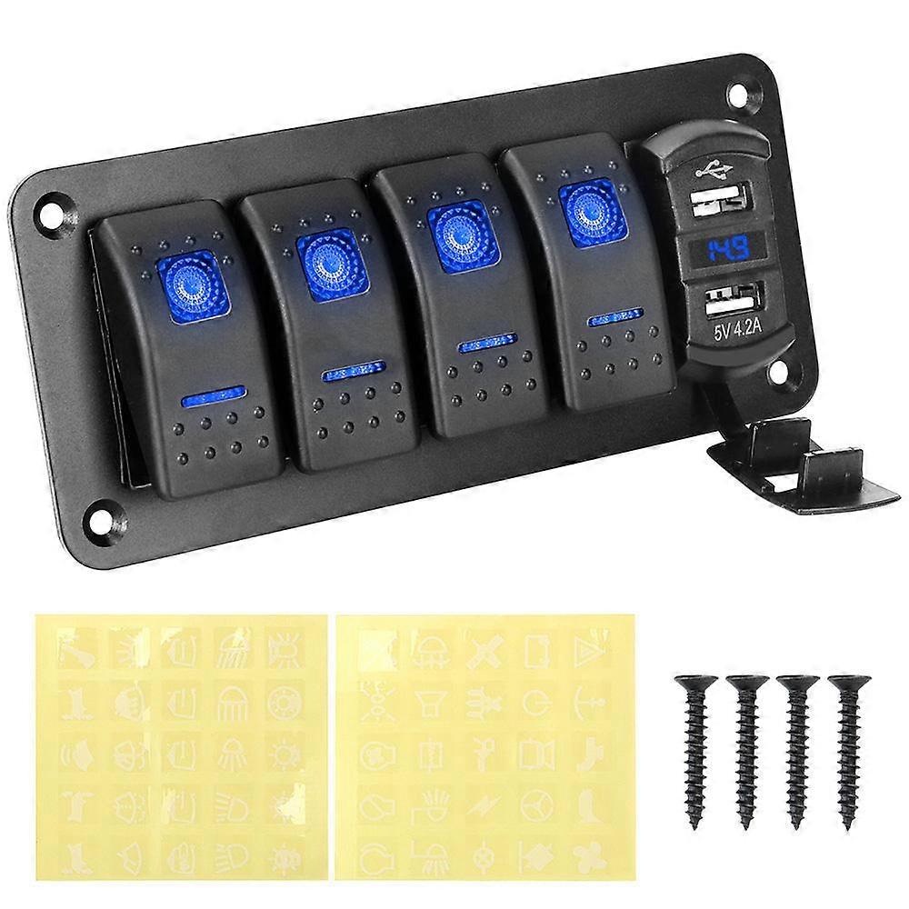 Waterproof Digital Voltmeter LED Switch Panel +Sticker 4 Gang Toggle Rocker Switch Dual USB Port 12V/24V For Car Marine