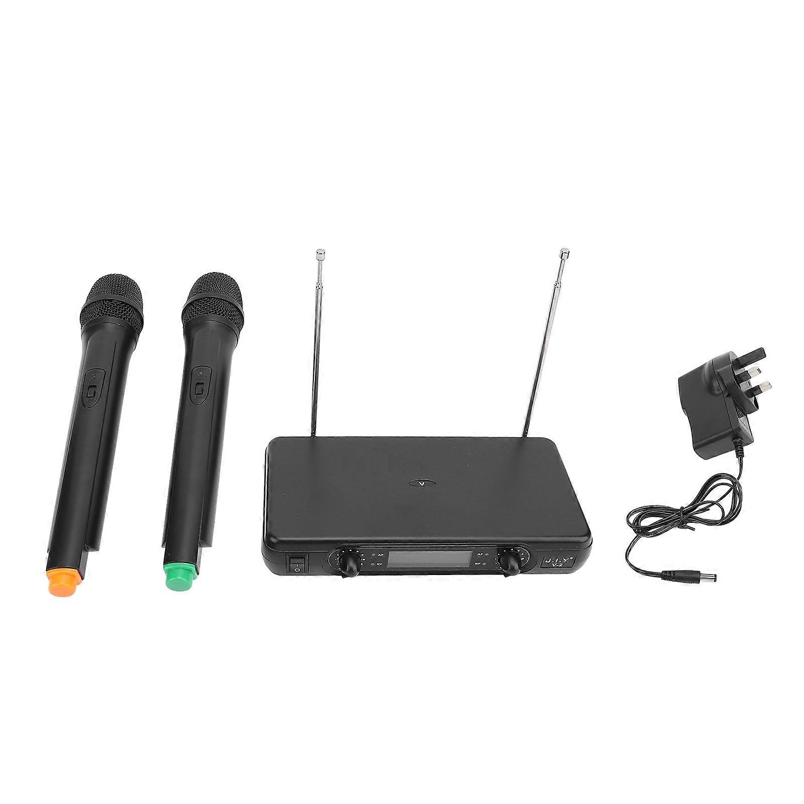 Dual Wireless Microphone System LED Display Receiver VHF Handheld Mic System 110240V UK Plug